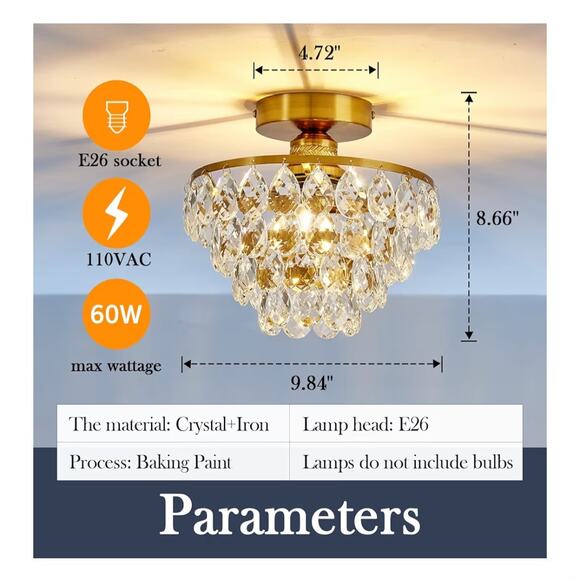 YYJLX Modern Crystal Semi Flush Mount Gold Ceiling Light Fixture 9.8" E26 - Picture 4 of 11